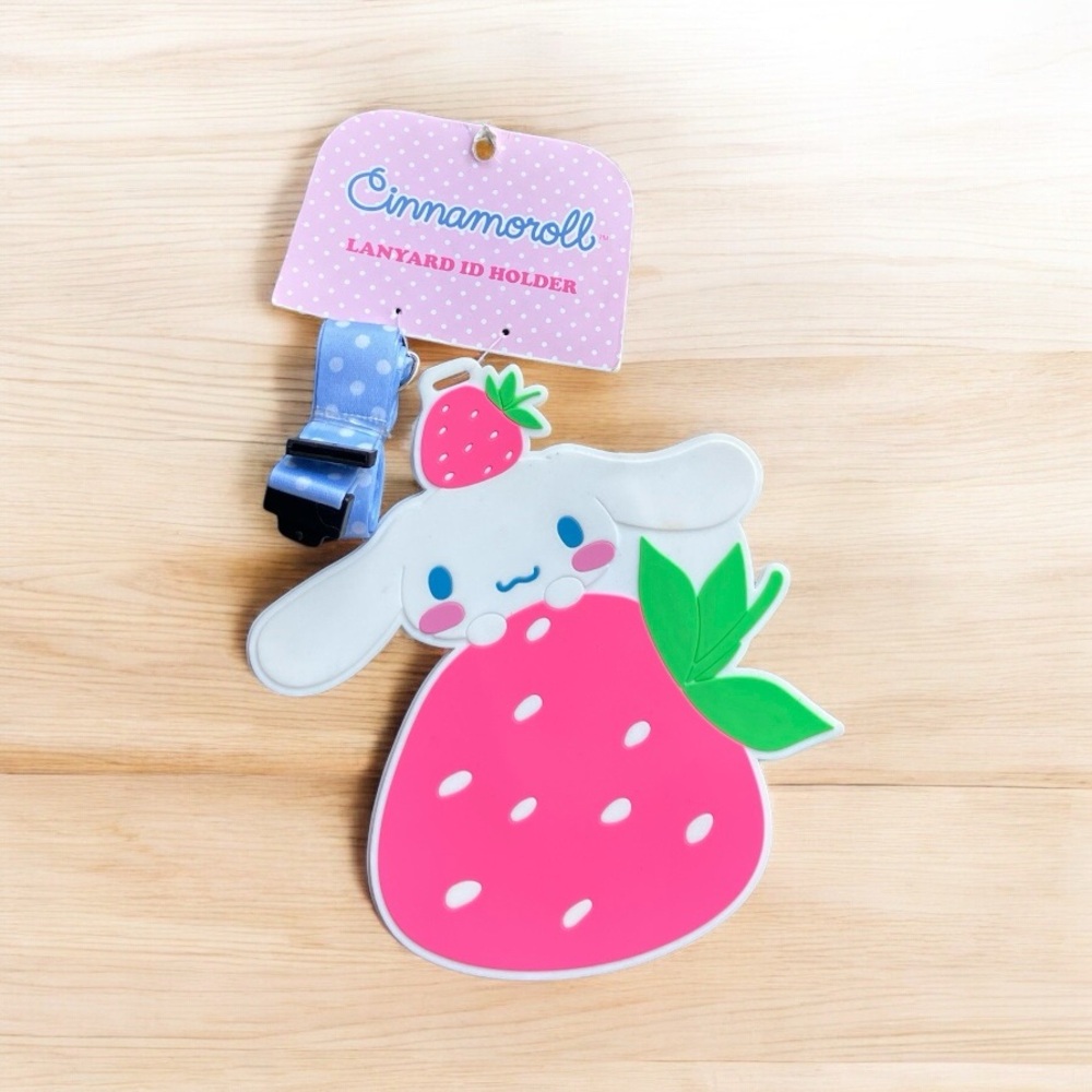 NEW Sanrio Cinnamoroll Strawberry Figural Blue & White Polka Dot Lanyard Holder